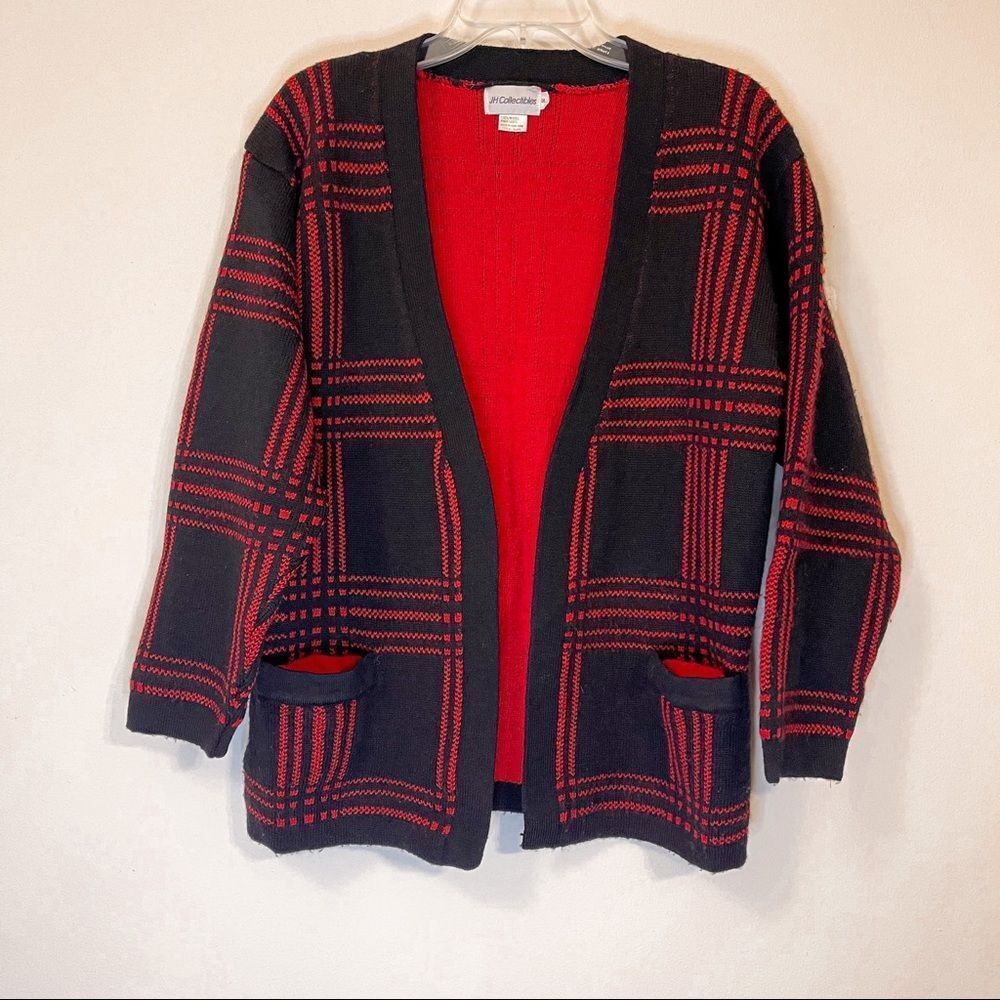 Vintage JH Collectibles‎ Open Plaid Wool Black & Red Cardigan Size Small